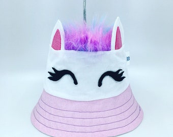 Sombrero de cubo de unicornio, piel del arco iris, cuerno de plata, 6 meses de adulto, ropa divertida, sombrero de verano divertido, sombrero funky, protección solar, super lindo, hecho a mano