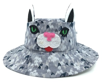 Gray Cat sun hat for kids and adults. Lots of fun and great sun protection from summer sun. Unique and only here. It's the cat on the head!