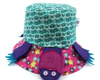 Tortoise Turtle Sun Hat, bucket hat, pink, purple, teal summer hat handmade from cotton and felt, 6 mon to adult, great sun protection & fun