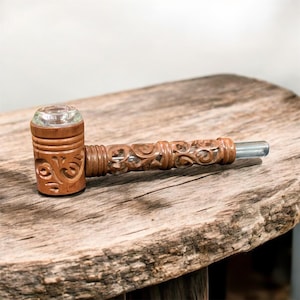 Handcarved 5.5inch Glass wood combine pipe artistic design glass fitting inside for unique style, Deep bowl easy to clean