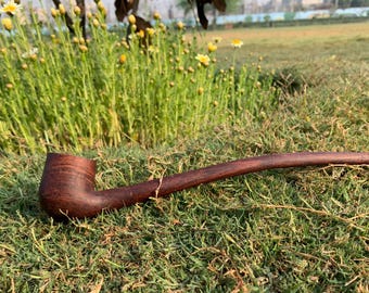 Hand Carved 11 Inch Wood Long Pipe Long |stem Deep Bowl | Artistic | Matte Finish