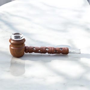 Handcarved 5.5inch Glass wood combine pipe artistic design glass fitting inside for unique style, Deep bowl easy to clean