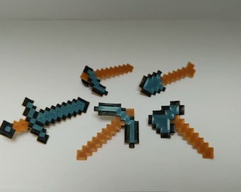 3D Printed Mini Minecraft Tool Pins and Magnets: Sword Pickaxe Axe Shovel Hoe Wood Stone Iron Gold Diamond and Glow in the Dark Diamond