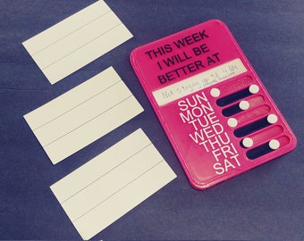 Weekly Activity Tracker with Sliders for Each Day. Removable Note Card Slot. Wall Mountable. Visual Aid to Personal Growth