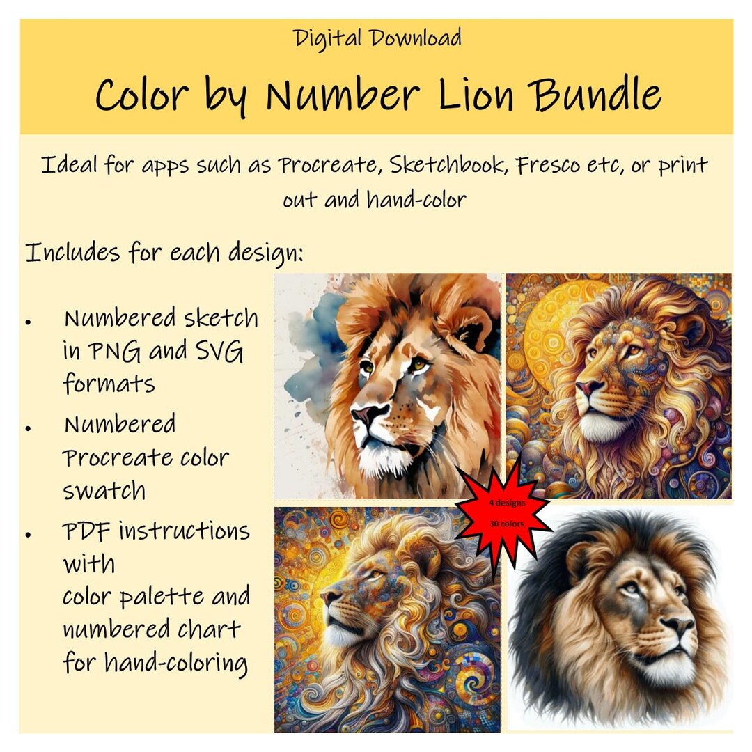 Digital Color by Numbers Bundle, Ideal for Procreate - 4 X Lion Designs ...