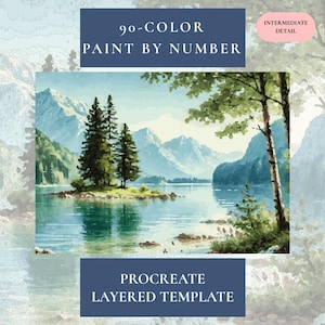 Lago y montañas: pintura por números para Procreate: plantilla de 90 colores en capas (descarga digital)