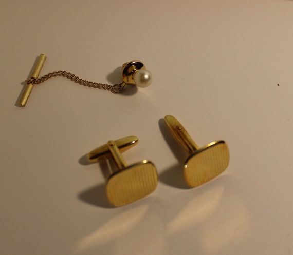 Cuff-links, Golden Cuff-links, tie Pin, Pearl Tie… - image 1
