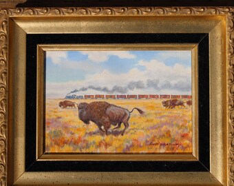 5 x 7 painting, Small Painting, Acrylic, Small Painting, Bud Gratiot, landscape, with buffaloes