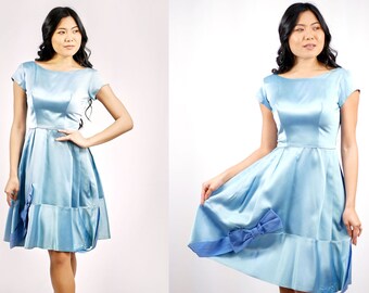 1950s Powder Blue Satin Dress w/Silk Chiffon Bows