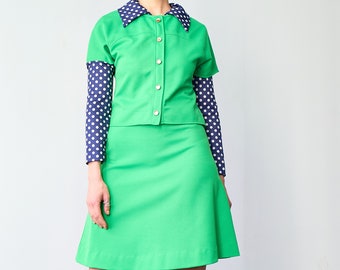 1960s Shady Lane Mod Polkadot/Green Dress Co-Ord Set w/short sleeve Safari jacket
