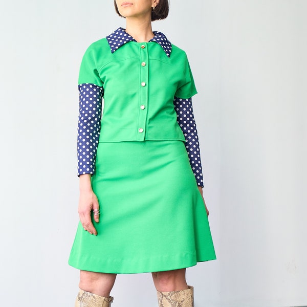 1960s Shady Lane Mod Polkadot/Green Dress Co-Ord Set w/short sleeve Safari jacket