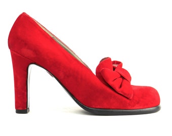 90s Red Silk Velvet Heeled Loafer Pumps