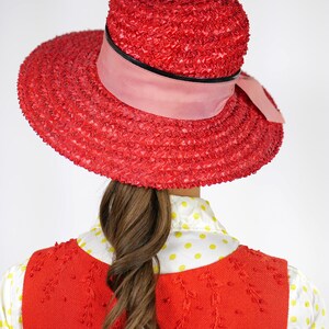 1960s/70s Red Straw Oversized Sun Hat w/Bow Accent image 3