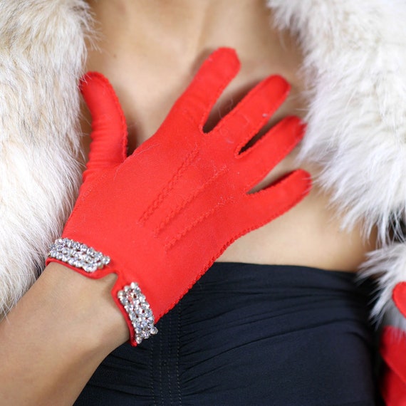 1970s/80s Red Gloves with Rhinestones - image 2