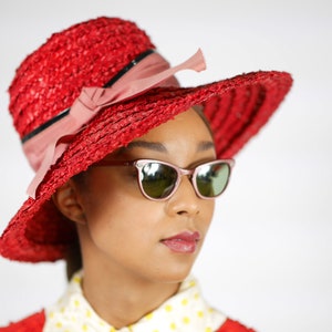 1960s/70s Red Straw Oversized Sun Hat w/Bow Accent image 1