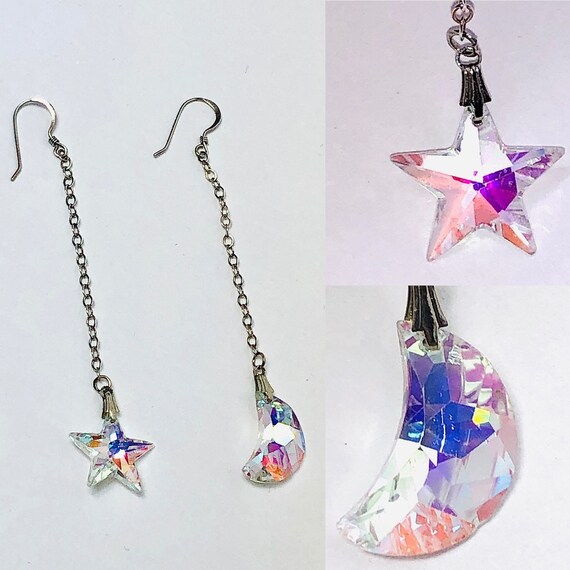 Sterling Silver/Crystal Moon & Star Dangle Drop Ea