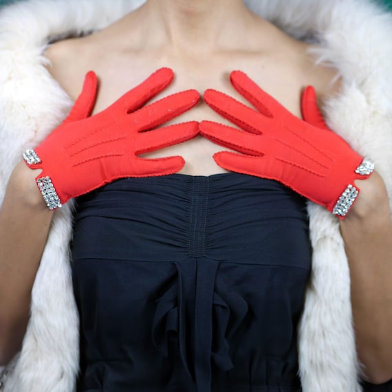 1970s/80s Red Gloves with Rhinestones