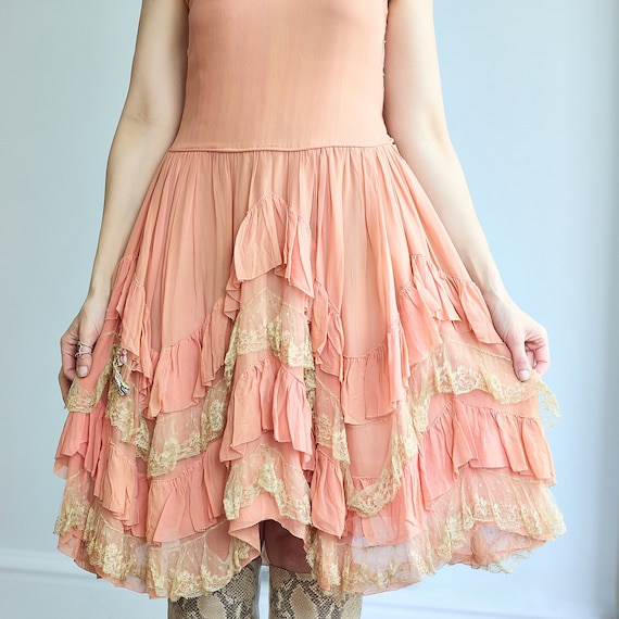 1920s Silk Chiffon Drop Waist Ruffle & Lace Pink … - image 8