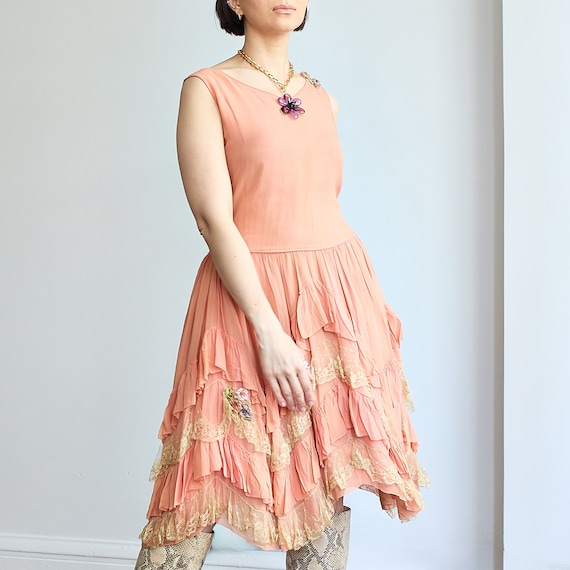 1920s Silk Chiffon Drop Waist Ruffle & Lace Pink … - image 2