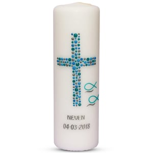 Baptismal candle boy cross circles 27 turquoise blue silver with fish, free inscription of the baptismal candle with name and date