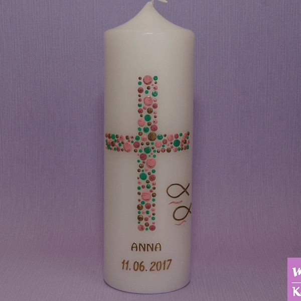 Baptism candle girl cross circles 8 gold mint green pink