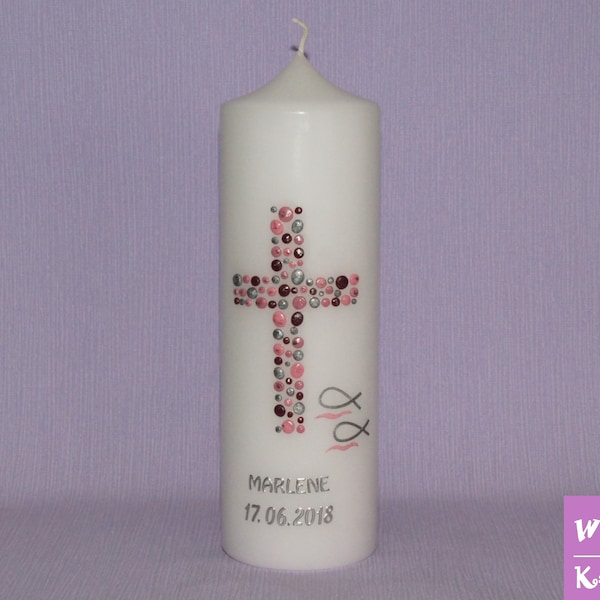 Baptismance candle girl with cross and fish in pink silver Bordeaux, to baptism or communion candle, 100% handmade motif, including caption