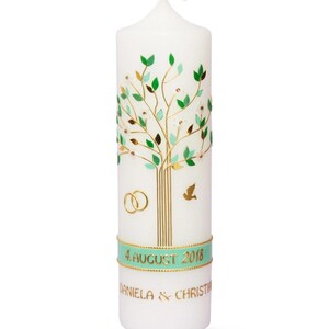 Modern wedding candle bridal candle tree of life with rings and dove, as wedding candle for the wedding in green gold colors