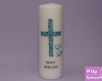 Baptism Candle Young Cross Circles 27 Turquoise Blue Silver with Fish, Free Label of Baptism Candle with Name and Date