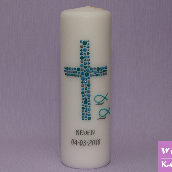 Baptism Candle Young Cross Circles 27 Turquoise Blue Silver with Fish, Free Label of Baptism Candle with Name and Date