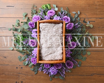Neugeborenen digitaler Hintergrund für Neugeborene Fotografie - Neugeborenen Bett umgeben von lila Blumen und grün