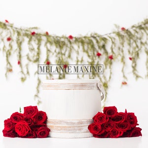May include: A white wooden barrel with a metal handle, flanked by bouquets of red roses. A garland of greenery with red accents hangs in the background. The text "MELANIE MAXINE" is displayed on the barrel.