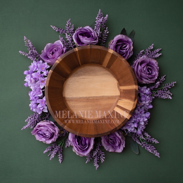 Newborn Digital Background for newborn photography - Purple flowers around a wooden bowl on Green drop, digital, newborn digital backdrop