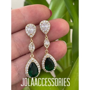 Zirconia gold emerald green bridal wedding earrings vintage style cubic zirconia earrings crystal  earrings bride jewellery Art Deco gold