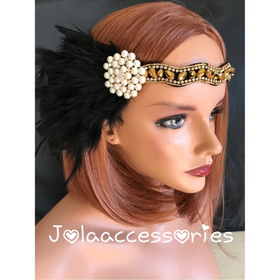 Black Gold Great Gatsby 1920s Headband Tiara Art Deco  display picture 3