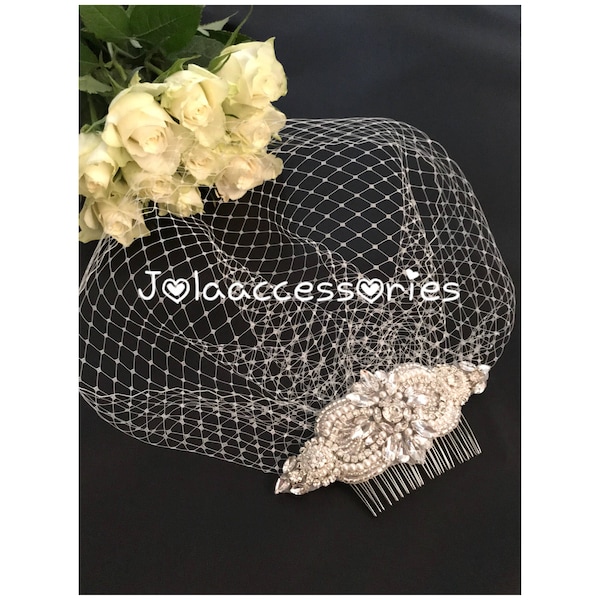 Wedding birdcage veil bridal veil detachable crystal comb veil bird cage veil blusher bridal comb vintage  style veil pearl Art Deco comb