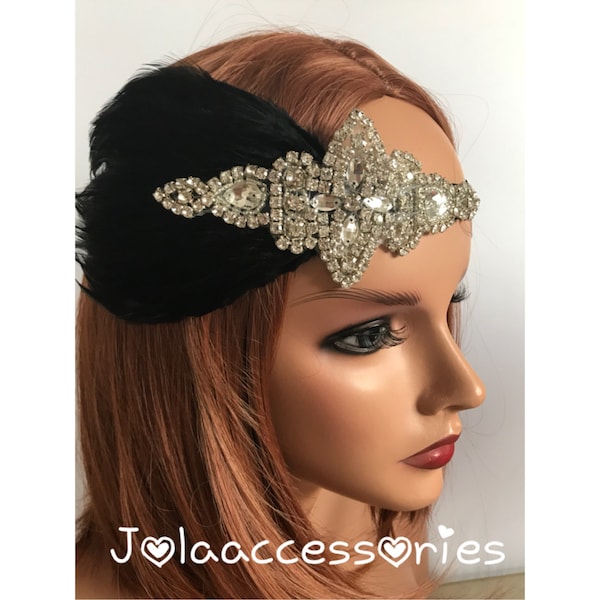 Gatsby headband wedding hairpiece rhinestone great gatsby bridal headpiece 1920s flapper headband flapper black feather headband headpiece