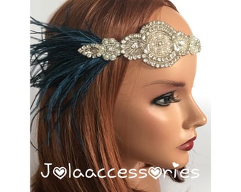 Gatsby headband wedding hairpiece rhinestone great gatsby bridal headpiece 1920s flapper headband flapper black feather headband headpiece