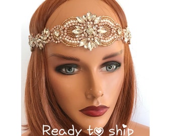 Rose gold Great Gatsby 1920s headband Tiara Art Deco headpiece wedding bridal headband Great Gatsby flapper hair accessories Charleston head