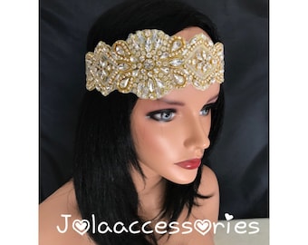 Crystal gold champagne rhinestone beads bridal headband crystal head band bohemian halo hair piece boho hair accessories hair jewelry bridal