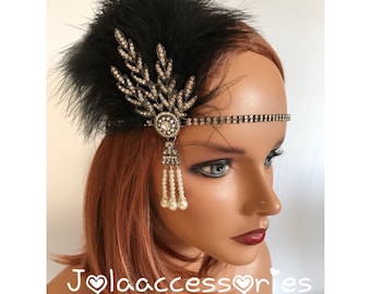 Zwarte Great Gatsby jaren 1920 hoofdband Tiara Art Deco zendspoel bruiloft bruidshoofdband Great Gatsby flapper haaraccessoires bruiloft bruidsmeisje