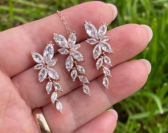Conjunto de collar y pendientes para novia, de plata y oro rosa, para boda, joyería de circonita, para dama de honor, joyería nupcial, collar y conjunto de novia.