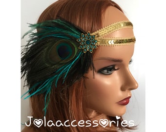 Tiara de pavão, faixa de cabeça dos anos 1920, faixa de cabeça com contas de pavão, fascinator, faixa de cabeça de casamento estilo gatsby, faixa de cabeça de pavão
