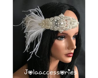 1920s flapper rhinestone headpiece headband vintage inspired feather bridal hairband feather flapper headband great gatsby hairband hairpiec