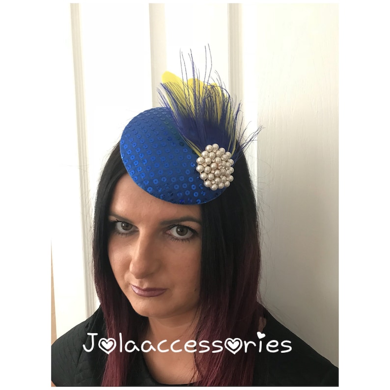 Royal blue yellow purple feather hat fascinator hat headpiece vintage horse fascinator wedding bridal mother of the bride custom made