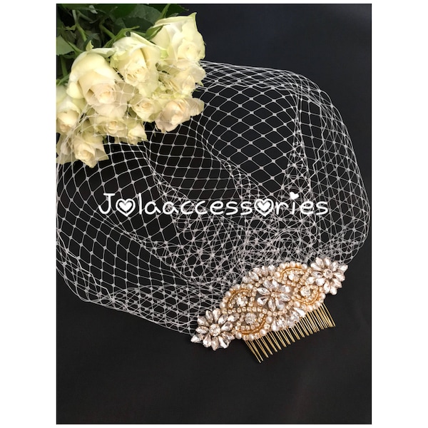 Wedding bridal gold birdcage veil bridal veil detachable gold crystal comb bridal  bird cage veil blusher comb vintage  style gold pearl com