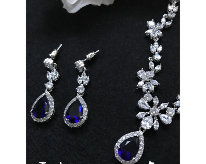 Sapphire blue something blue wedding bridal necklace earrings jewellery set jewelry zircon jewellery bridesmaid bridal jewelry necklace earr