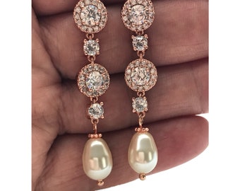 Rose gold bridal wedding earrings vintage style cubic zirconia earrings crystal Swarovski pearl earrings bride jewellery Art Deco pink gold