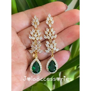 Zirconia gold emerald green bridal wedding earrings vintage style cubic zirconia earrings crystal  earrings bride jewellery Art Deco gold