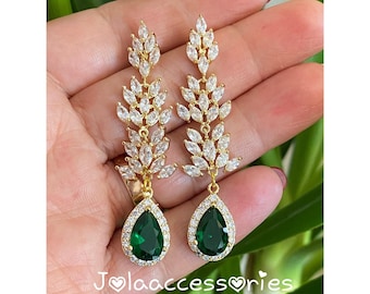 Zirconia gold emerald green bridal wedding earrings vintage style cubic zirconia earrings crystal  earrings bride jewellery Art Deco gold