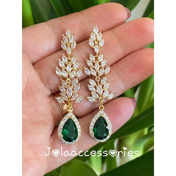 Zirconia gold emerald green bridal wedding earrings vintage style cubic Zirconia earrings crystal earrings bride jewellery Art Deco gold
